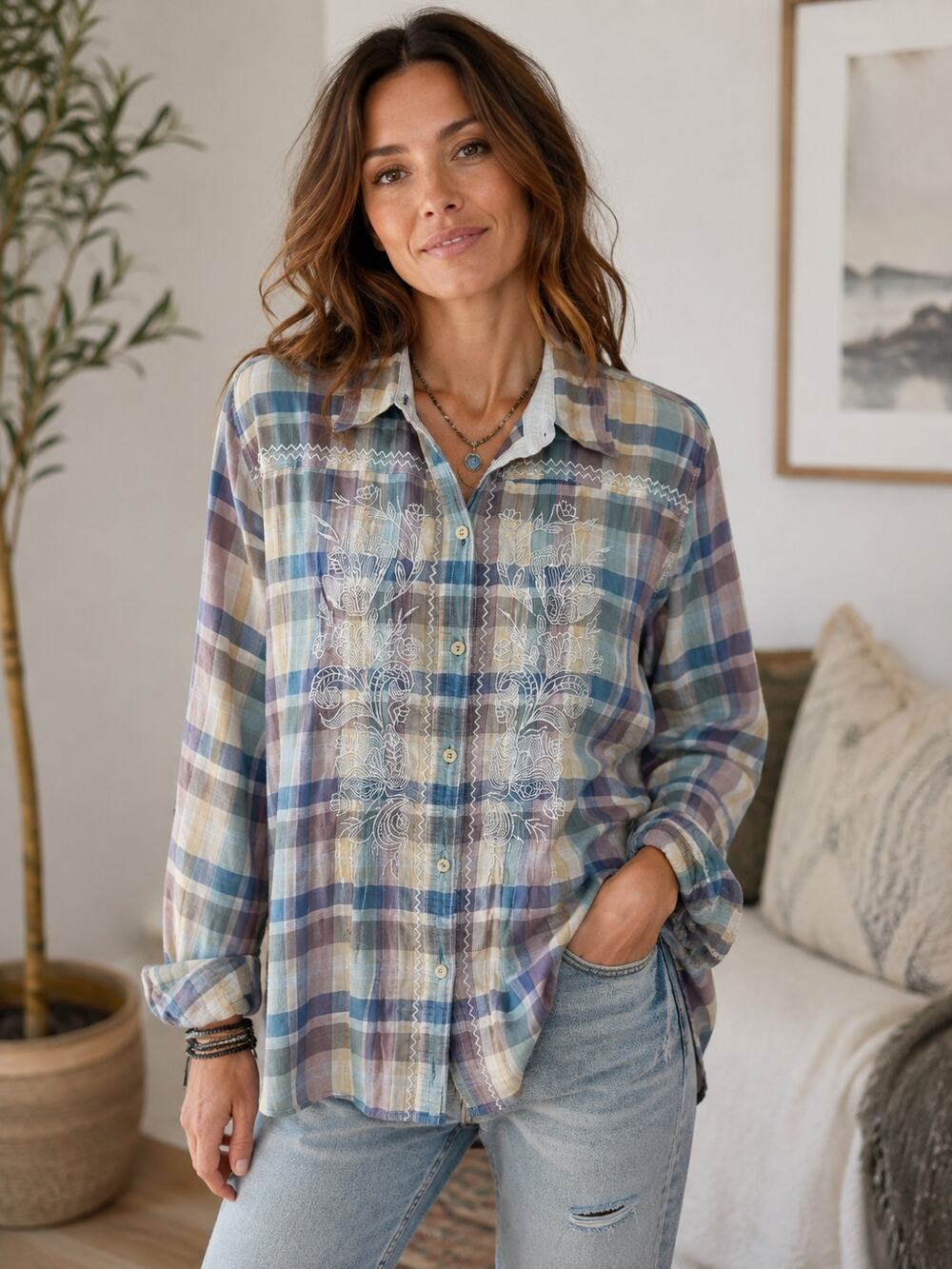 Johnny Was 3J Workshop Plaid Embroidered Button-Down Shirt, Size L